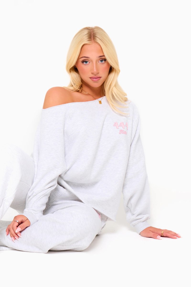 Kaiia Kaiia 444 Off the Shoulder Sweatshirt Light Grey Marl & Pink - 4