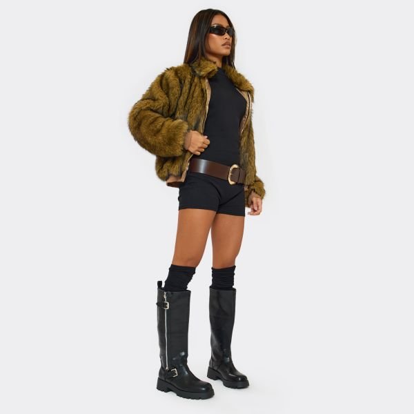 EGO Jamming Zip Buckle Zip Detail Knee High Biker Boot In Black Faux Leather, Women's Size UK 3 - 1