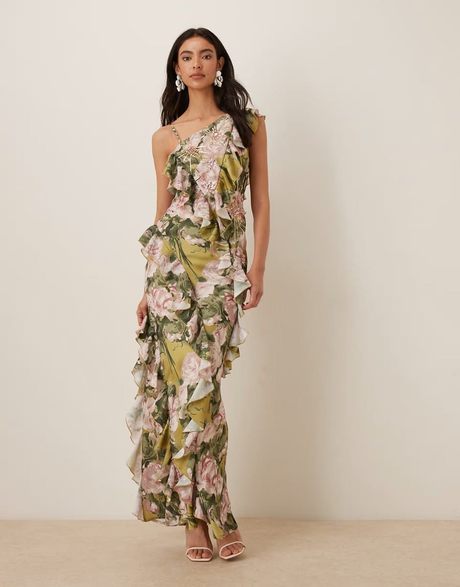 ASOS ASOS DESIGN one shoulder asymmetric ruffle satin embellished maxi dress in green floral print