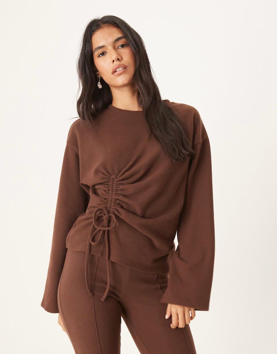 ASOS ASOS DESIGN Supersoft ruched detail long sleeve top co-ord in chocolate