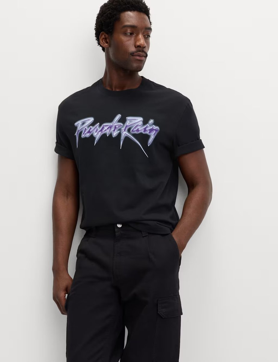 Marks & Spencer M&S Pure Cotton Purple Rain Graphic T-Shirt Black - 4