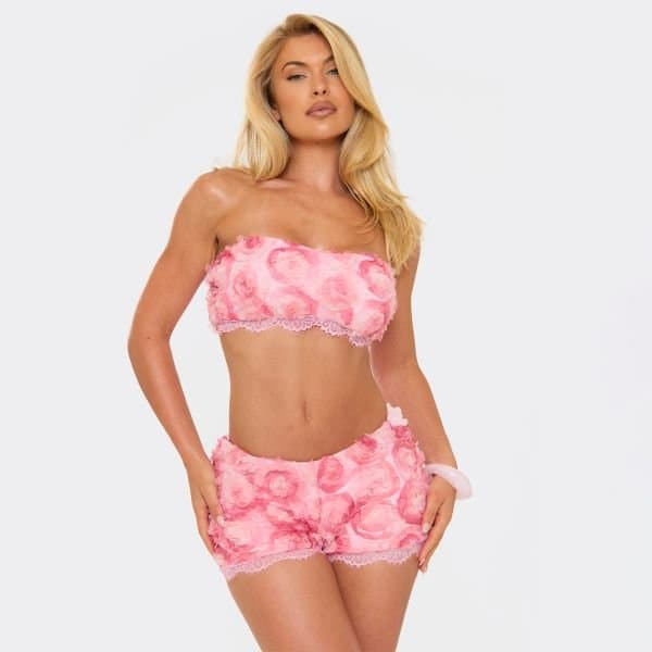 EGO Bandeau Lace Trim Hem Crop Top And Hot Pants Co-Ord Set In Pink Floral Texture, Women's Size UK 8