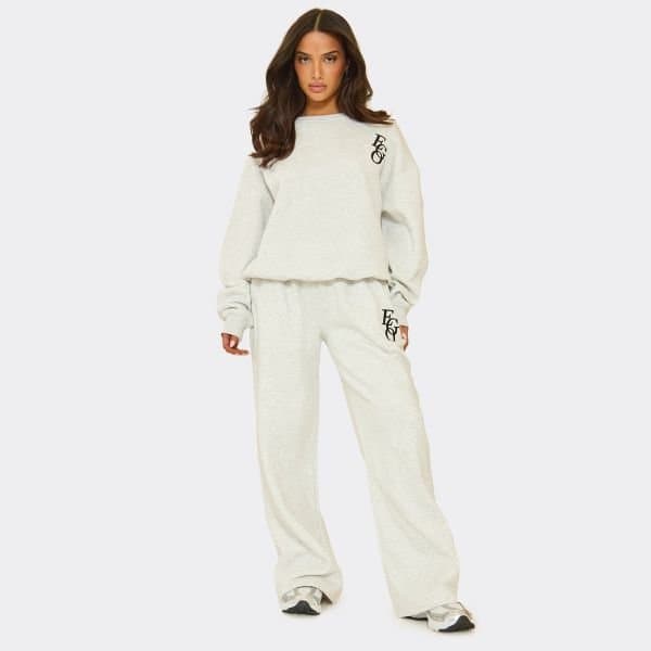 EGO Mid Rise Graphic Detail Straight Leg Joggers In Light Grey Marl, Women's Size UK 6