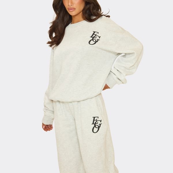 EGO Mid Rise Graphic Detail Straight Leg Joggers In Light Grey Marl, Women's Size UK 6 - 2