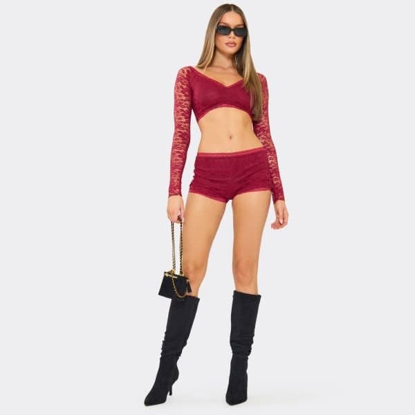 EGO Low Rise Detail Hot Pants In Burgundy Lace, Women's Size UK 6