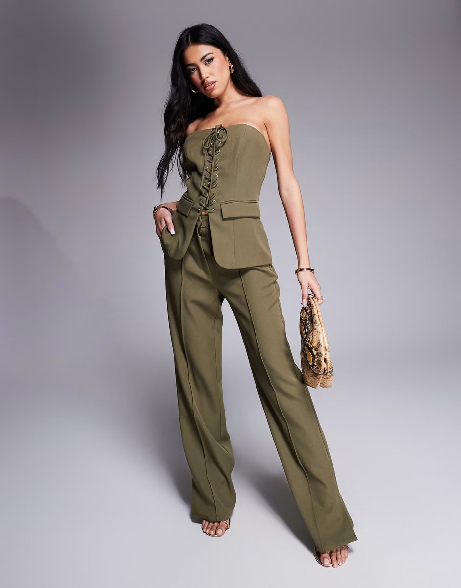ASOS Kaiia exclusive bandeau lace up top and straight leg trousers co-ord in khaki - 1