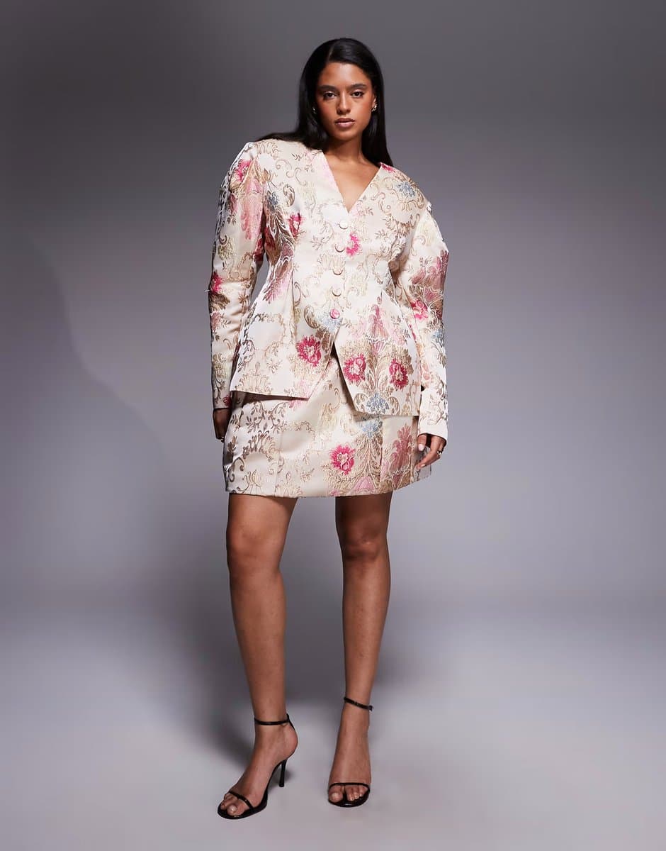 ASOS ASOS LUXE Curve co-ord jacquard extreme shoulder cinched blazer and mini skirt in white floral