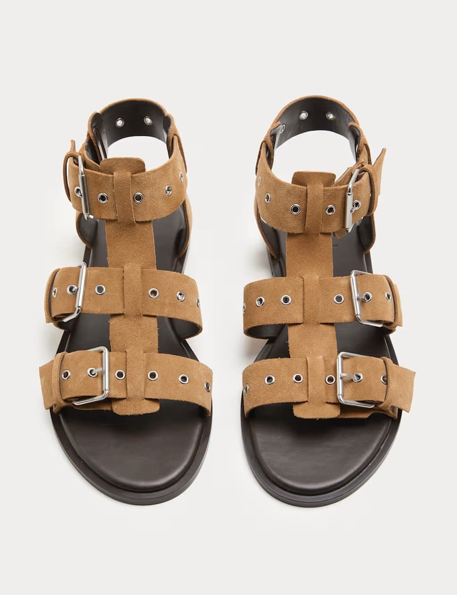 Marks & Spencer M&S Suede Eylet Detail Flat Gladiator Sandals Taupe