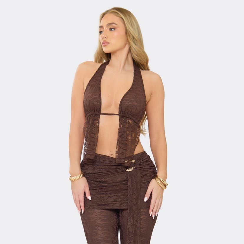 EGO Halterneck Open Back Top In Chocolate Brown Lace, Women's Size UK 6 - 1