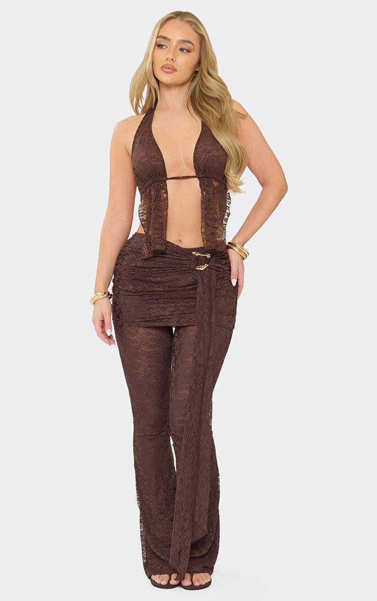 EGO Halterneck Open Back Top In Chocolate Brown Lace, Women's Size UK 6 - 2