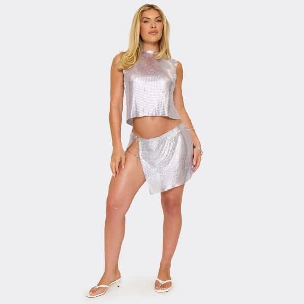 EGO Mid Rise Side Split Mini Skirt In Lilac Chainmail, Women's Size UK Large L