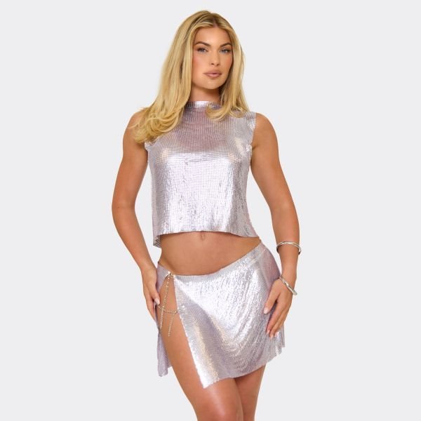 EGO Mid Rise Side Split Mini Skirt In Lilac Chainmail, Women's Size UK Large L - 2