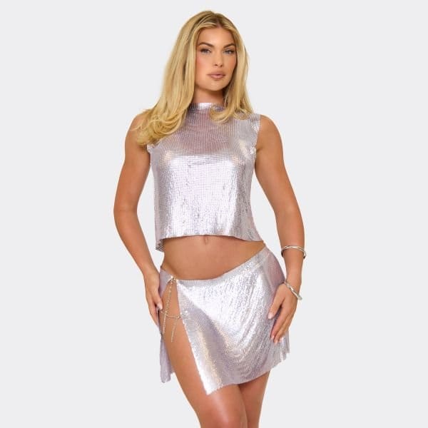 EGO Mid Rise Side Split Mini Skirt In Lilac Chainmail, Women's Size UK Large L - 2