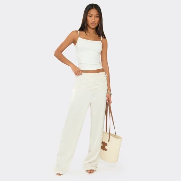 EGO Mid Rise Lace Waist Panel Detail Straight Leg Trousers In Cream Satin, Women's Size UK Large L - 1