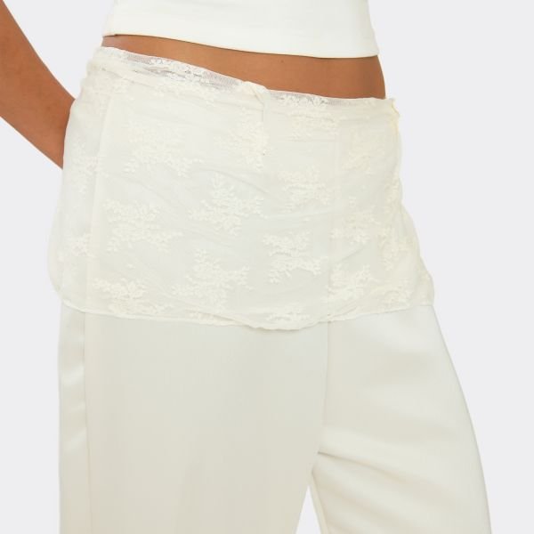 EGO Mid Rise Lace Waist Panel Detail Straight Leg Trousers In Cream Satin, Women's Size UK Large L - 2