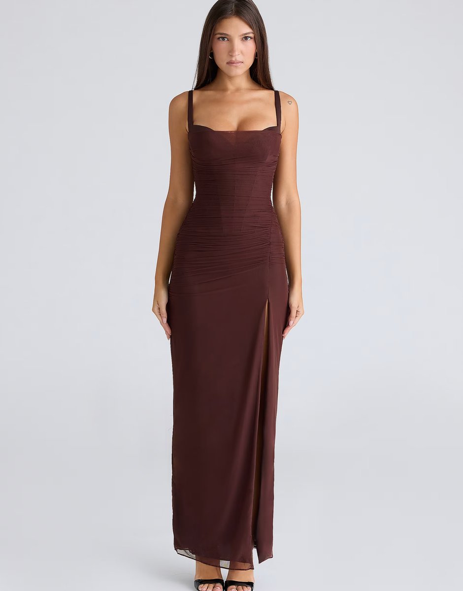 ASOS House of CB Lini burgundy stretch mesh maxi dress in burgundy - 1