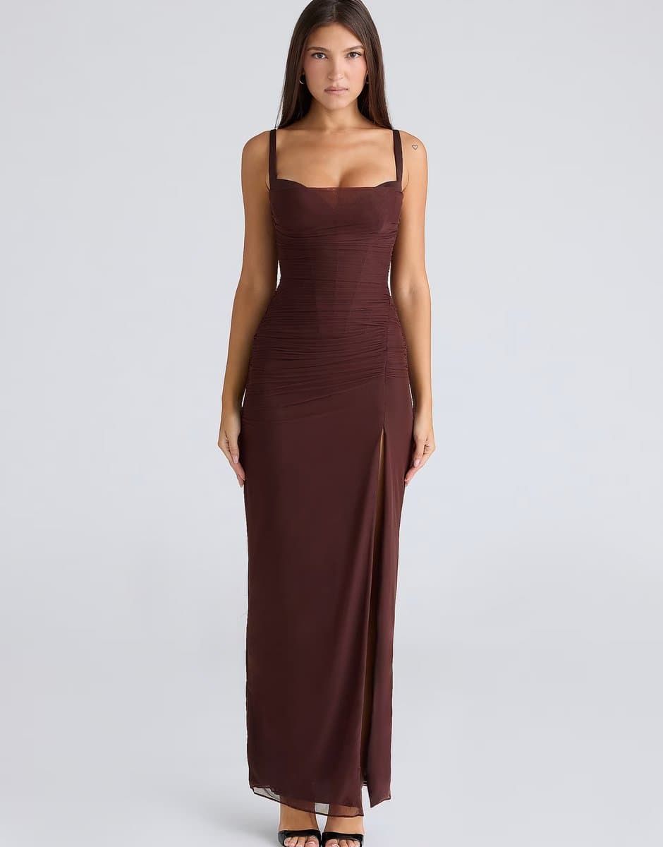 ASOS House of CB Lini burgundy stretch mesh maxi dress in burgundy