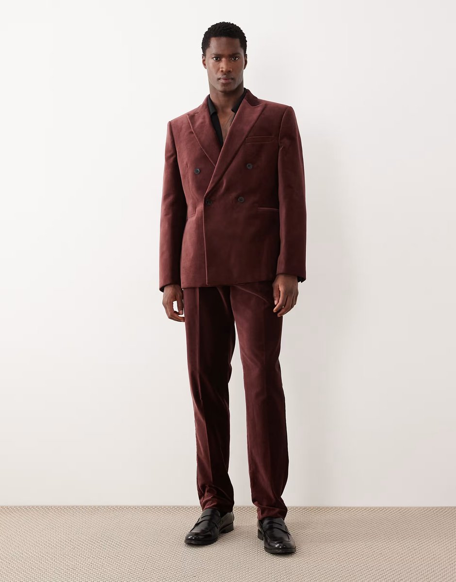 ASOS ASOS DESIGN slim double breasted suit jacket in dark brown cotton velvet - 3