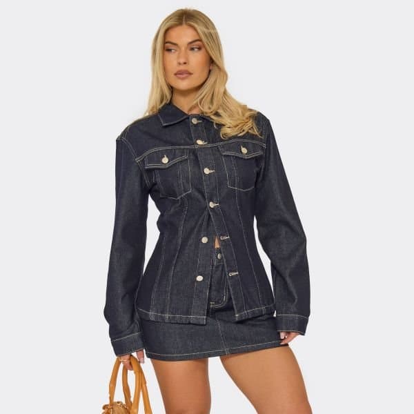 EGO Cinched Waist Button Down Split Hem Jacket In Dark Indigo Denim, Women's Size UK 6