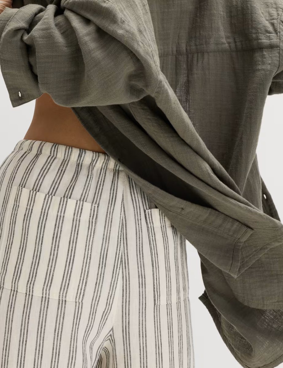 Marks & Spencer M&S Linen Rich Drawstring Wide Leg Trousers Black Stripe - 2