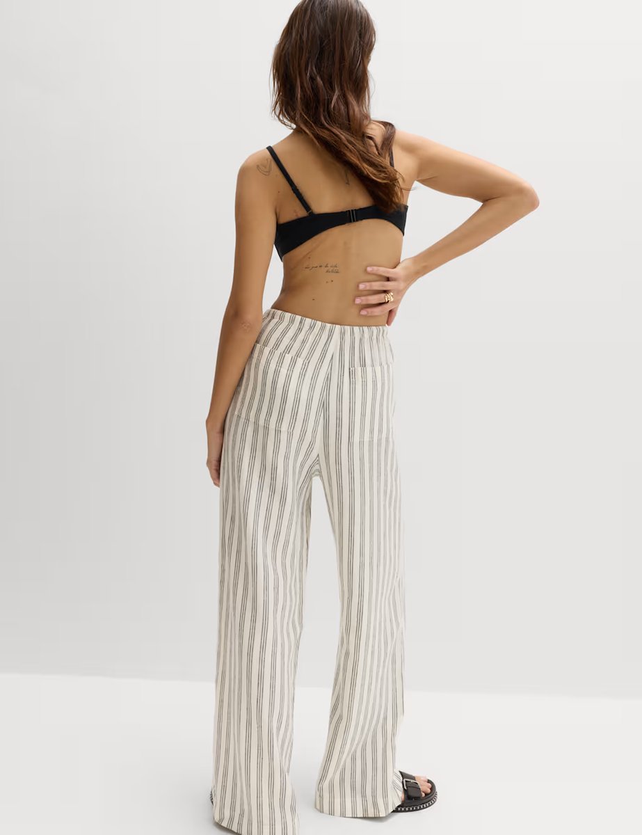 Marks & Spencer M&S Linen Rich Drawstring Wide Leg Trousers Black Stripe - 3