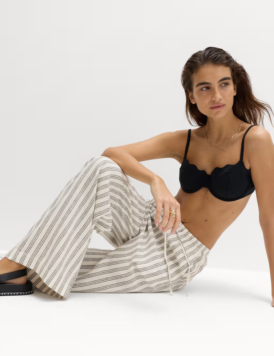 Marks & Spencer M&S Linen Rich Drawstring Wide Leg Trousers Black Stripe - 4