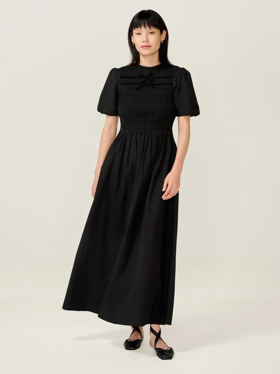 OMNES OMNES Black Shirred Bodice Midi Dress