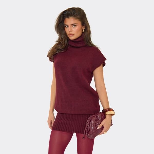 EGO Short Sleeve Roll Neck Mini Dress In Burgundy Knit, Women's Size UK Large L