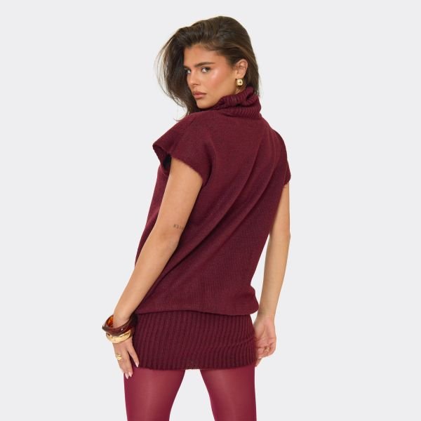 EGO Short Sleeve Roll Neck Mini Dress In Burgundy Knit, Women's Size UK Large L - 2