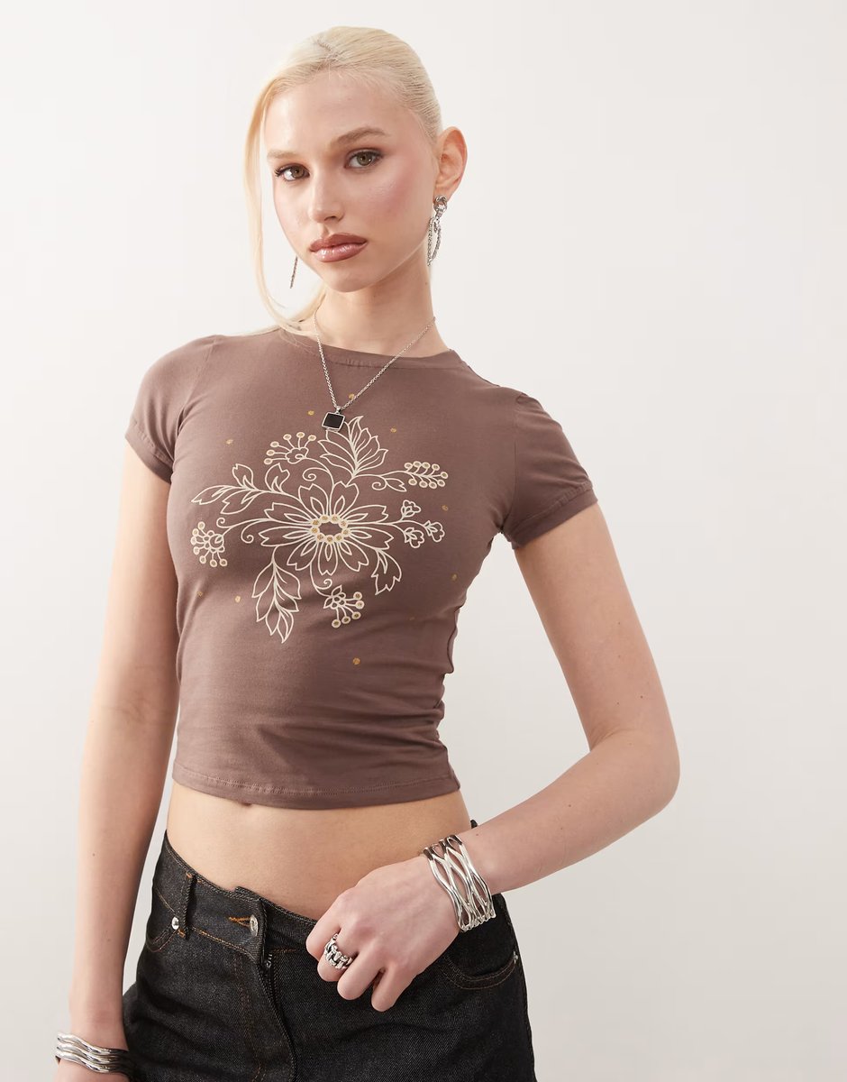 ASOS Motel sutin floral sequin baby t-shirt in nutmeg - 1