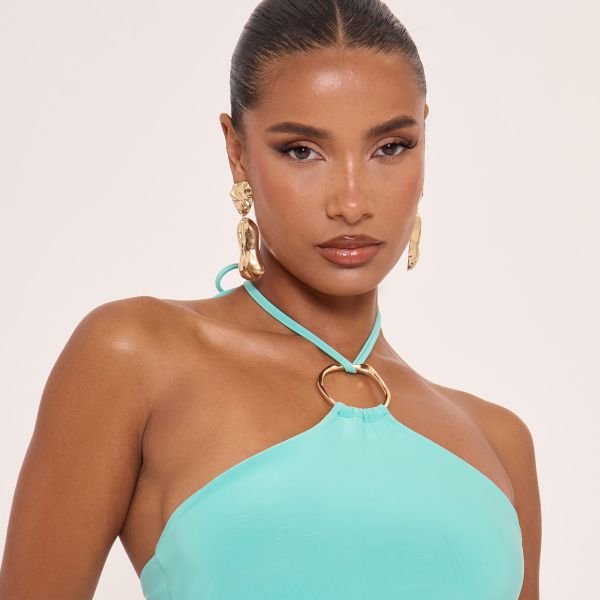 EGO Halterneck Trim Detail Frill Hem Ruched Mini Dress In Blue, Women's Size UK 6 - 2