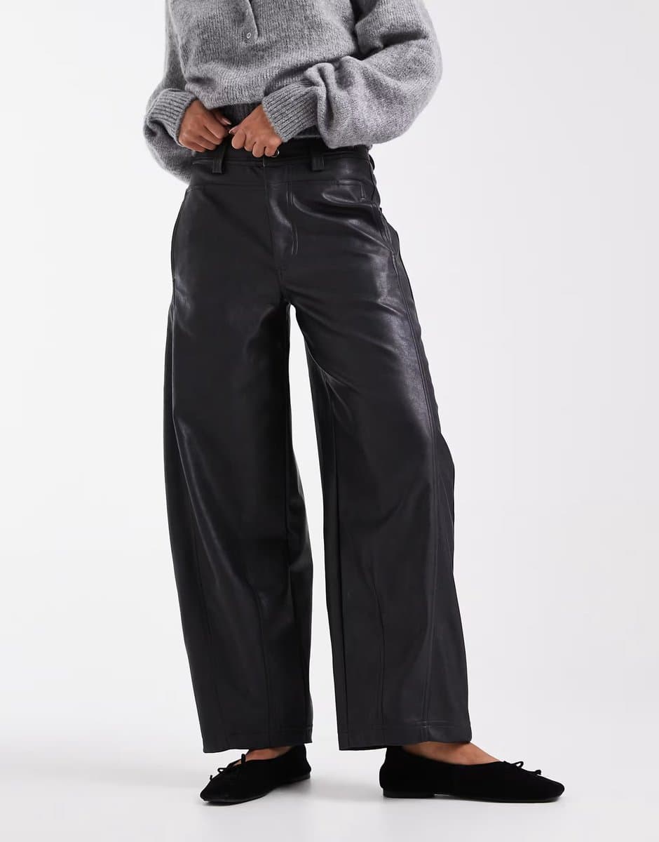 ASOS ASOS DESIGN faux leather barrel leg trousers with seam detail in navy