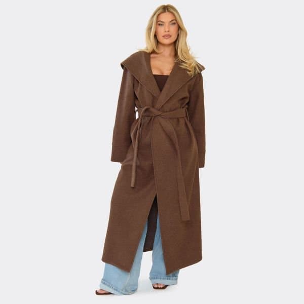 EGO Hooded Tie Waist Wool Look Maxi Coat In Chocolate Brown, Women's Size UK 6