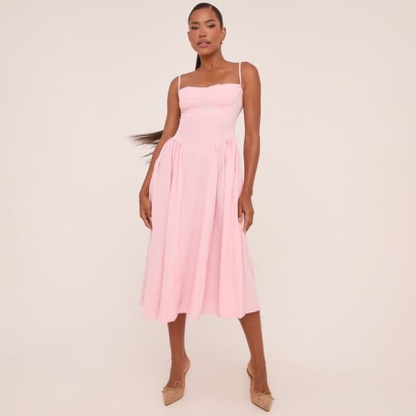 EGO Strappy Pleated Skater Midaxi Dress In Pink, Women's Size UK 6
