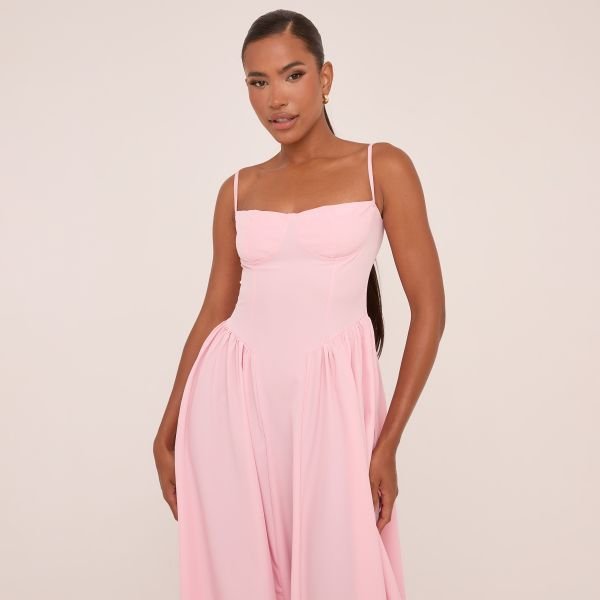 EGO Strappy Pleated Skater Midaxi Dress In Pink, Women's Size UK 6 - 2
