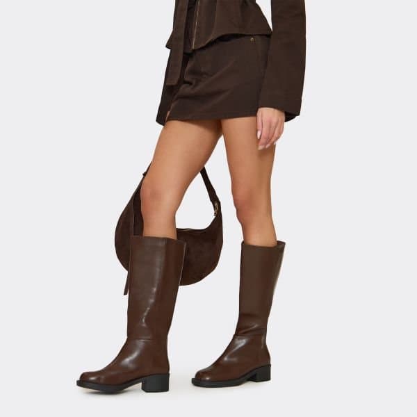 EGO Shuffle Block Heel Knee High Boot In Brown Faux Leather, Women's Size UK 3