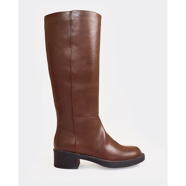 EGO Shuffle Block Heel Knee High Boot In Brown Faux Leather, Women's Size UK 3 - 2