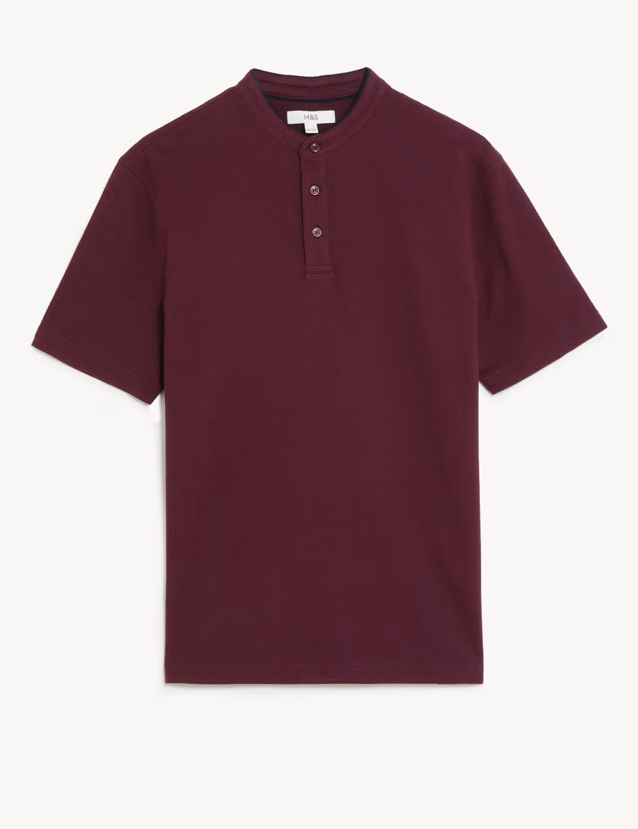 Marks & Spencer M&S Cotton Rich Grandad Collar Polo Shirt Dark Burgundy - 2