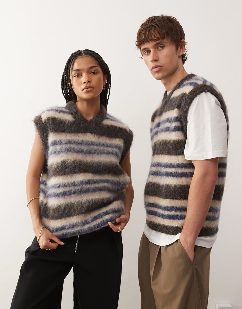 ASOS Reclaimed Vintage unisex knitted tank in navy, white and brown stripe