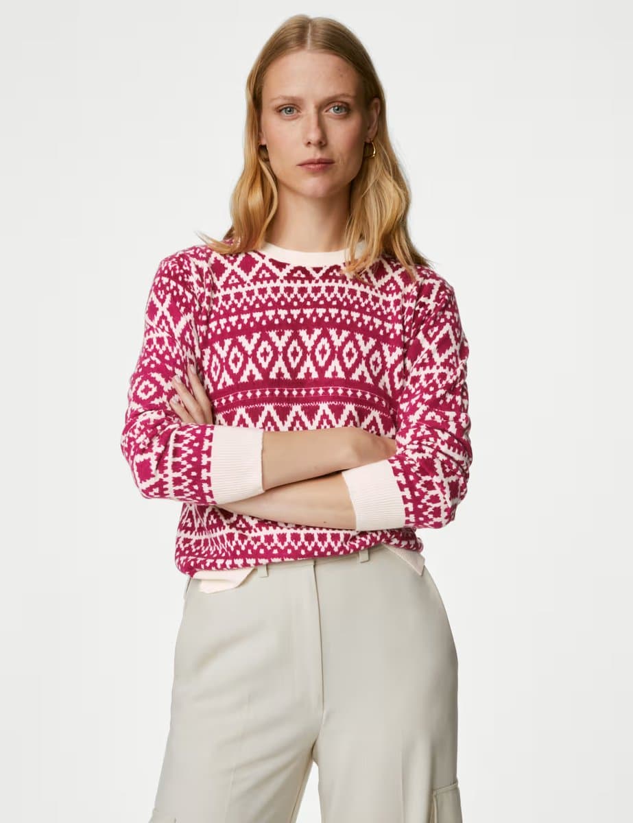 Marks & Spencer M&S Supersoft Fair Isle Crew Neck Jumper Pink Mix