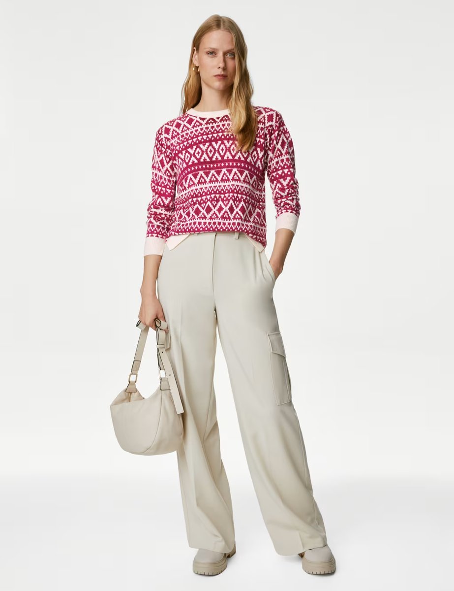 Marks & Spencer M&S Supersoft Fair Isle Crew Neck Jumper Pink Mix - 2