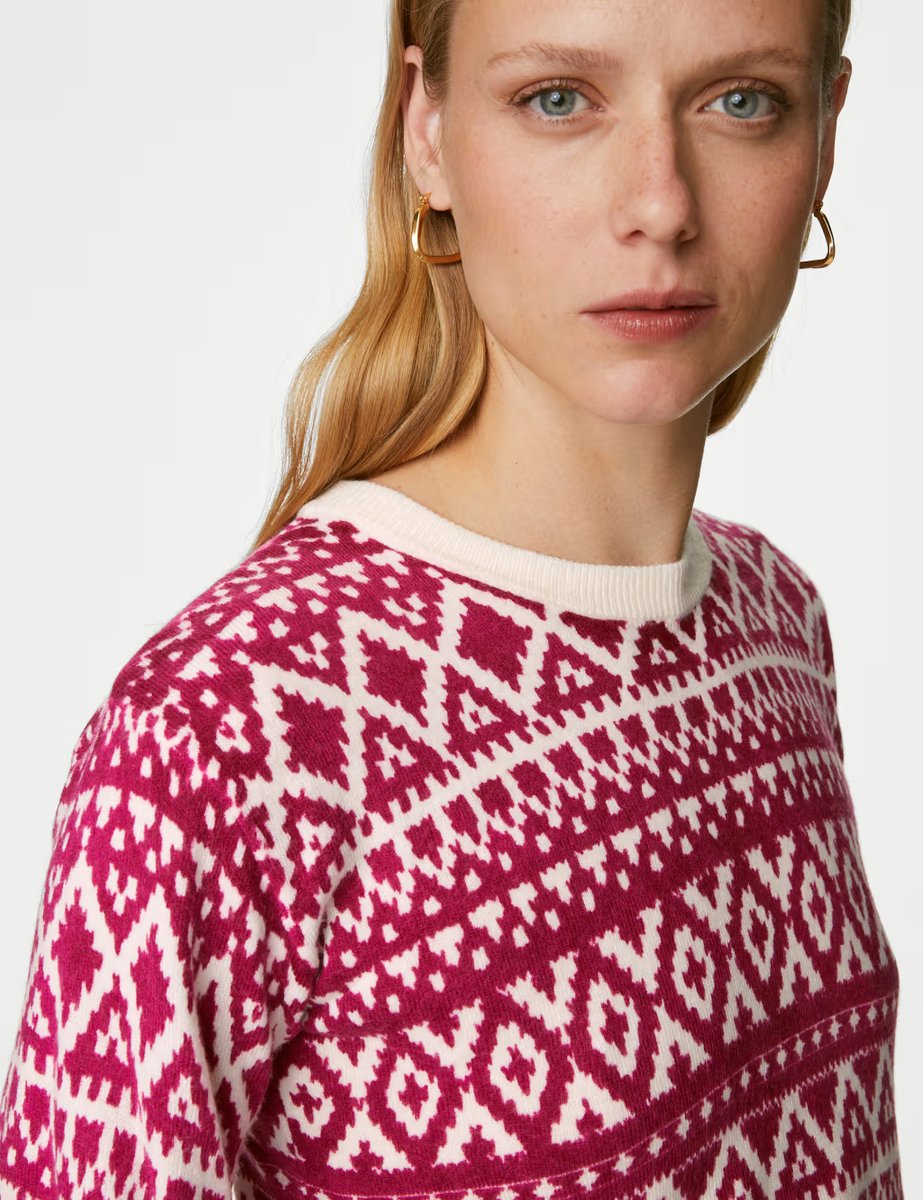 Marks & Spencer M&S Supersoft Fair Isle Crew Neck Jumper Pink Mix - 3