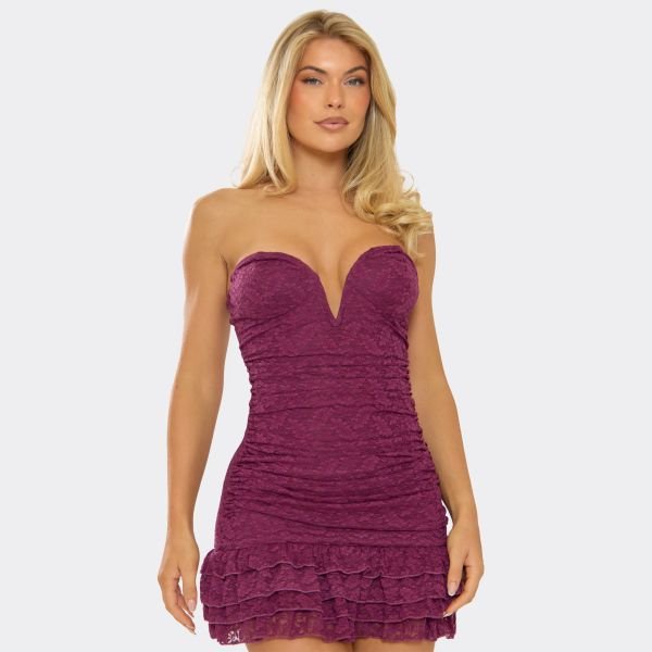 EGO Bardot Plunge Ruffle Detail Mini Dress In Purple Lace, Women's Size UK 6 - 1