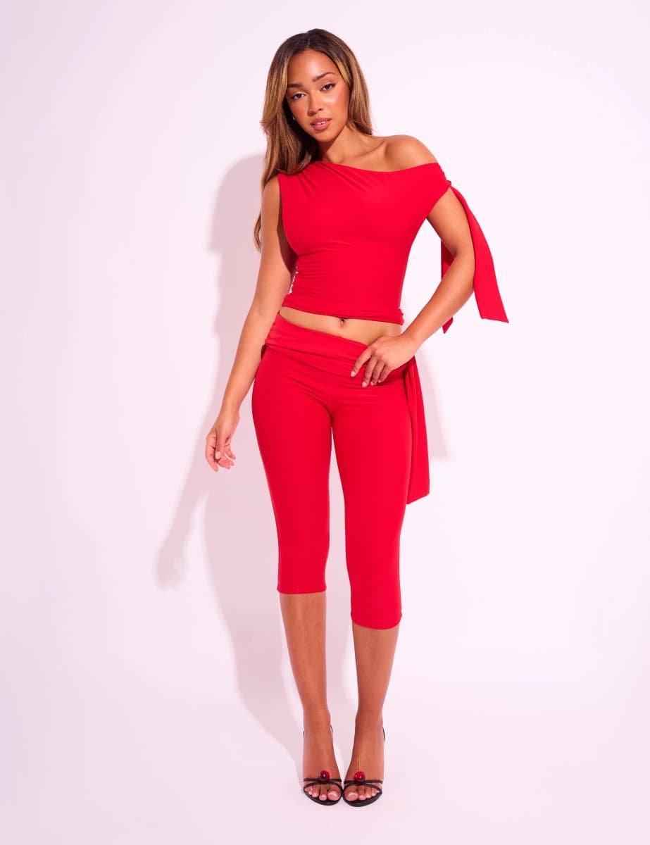 Public Desire Knot Detail Tie Side Luxe Slinky Capri Pants Red