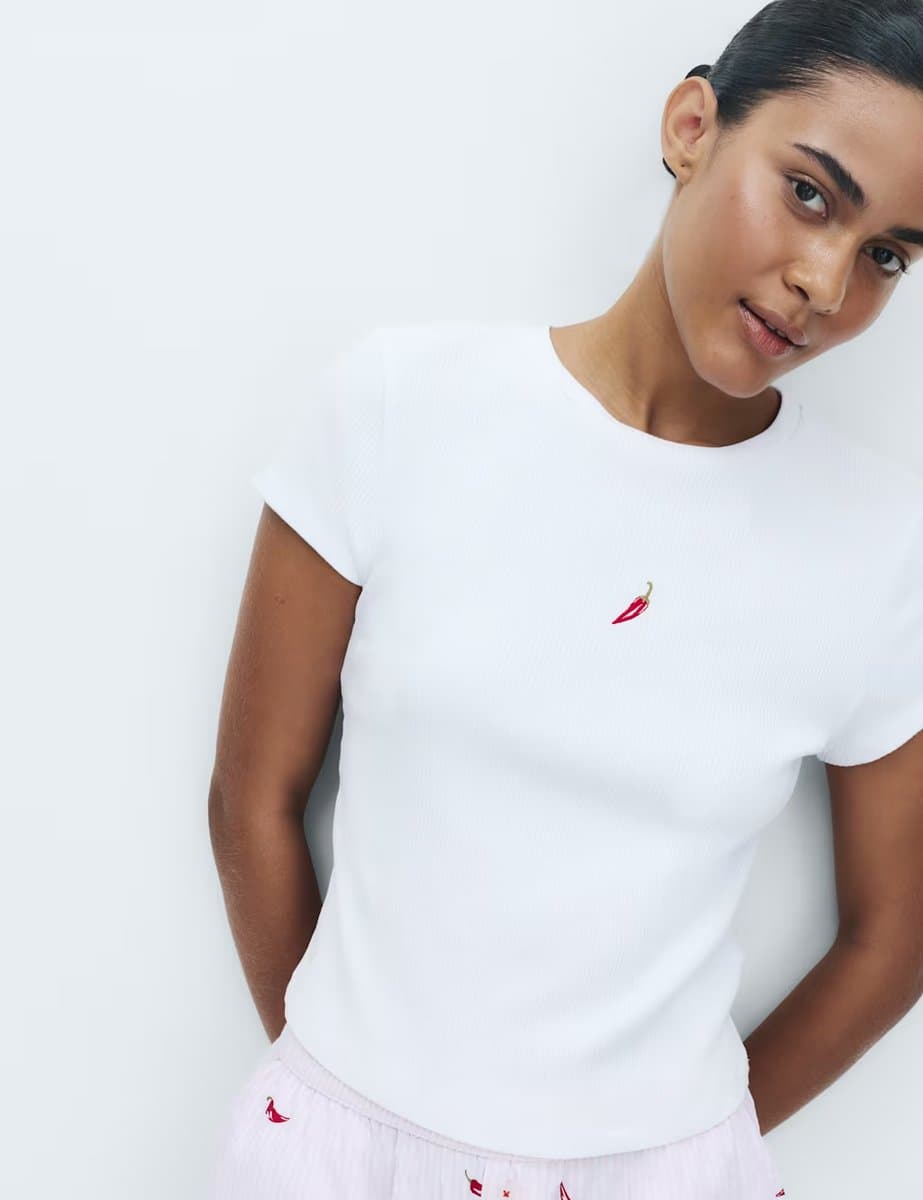 Marks & Spencer M&S Cotton Modal Ribbed Pyjama T-Shirt Red Mix