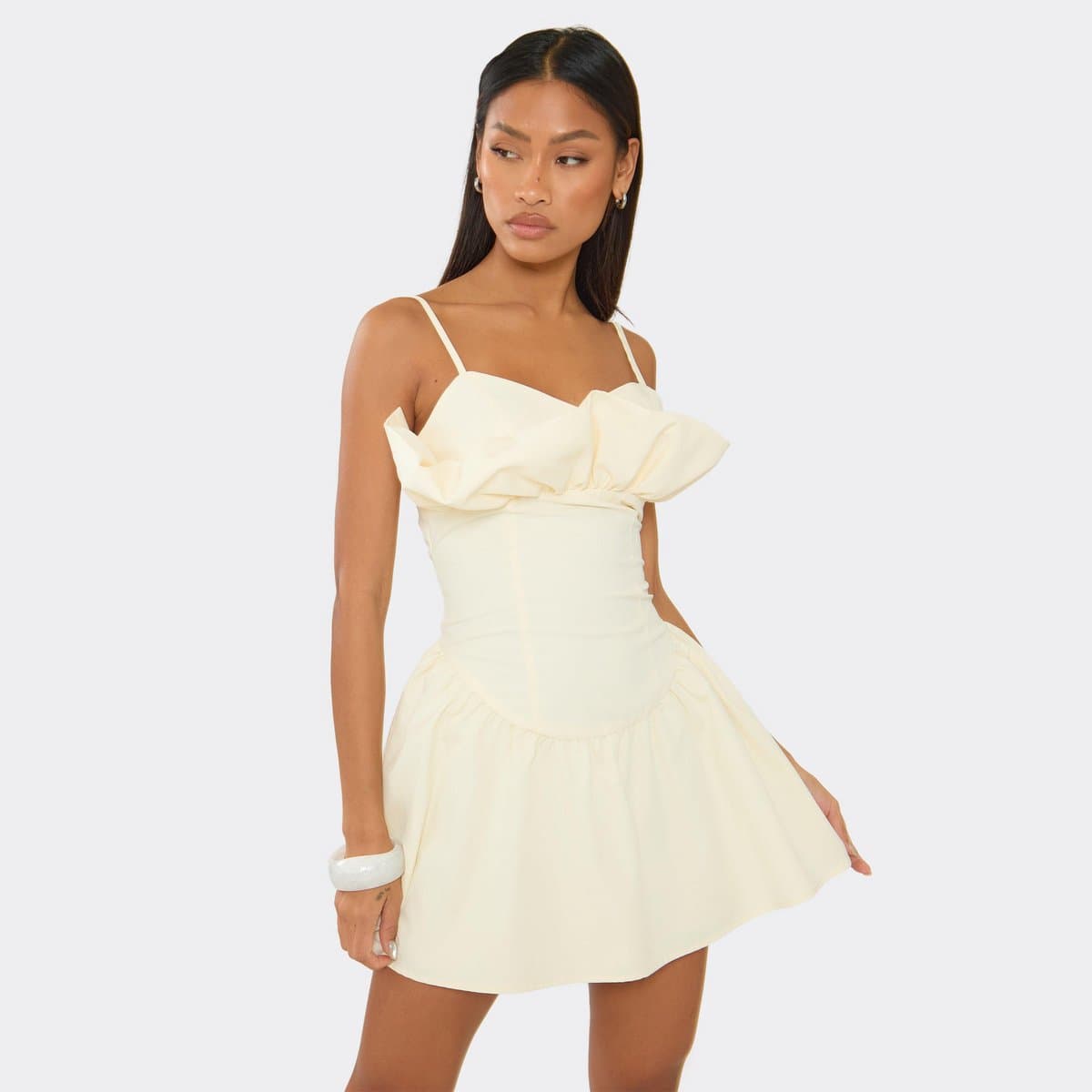 EGO Strappy Frill Bust Detail Mini Dress In Yellow Woven, Women's Size UK 6