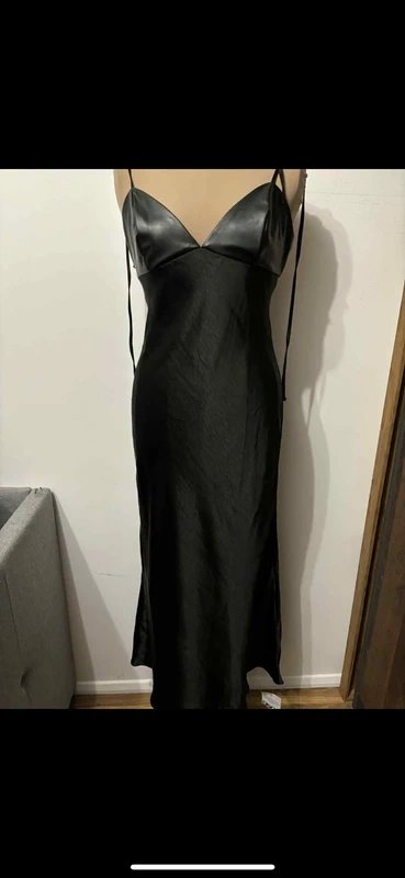 ASOS Design hybrid satin cami slip midi dress with pu bust in black faux leather size 10 - 4