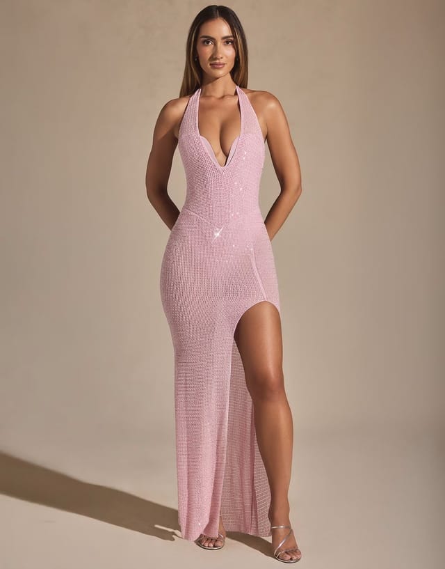 ASOS Oh Polly Ianthe embellished halterneck structured bust detail thigh split maxi dress in pink - 3