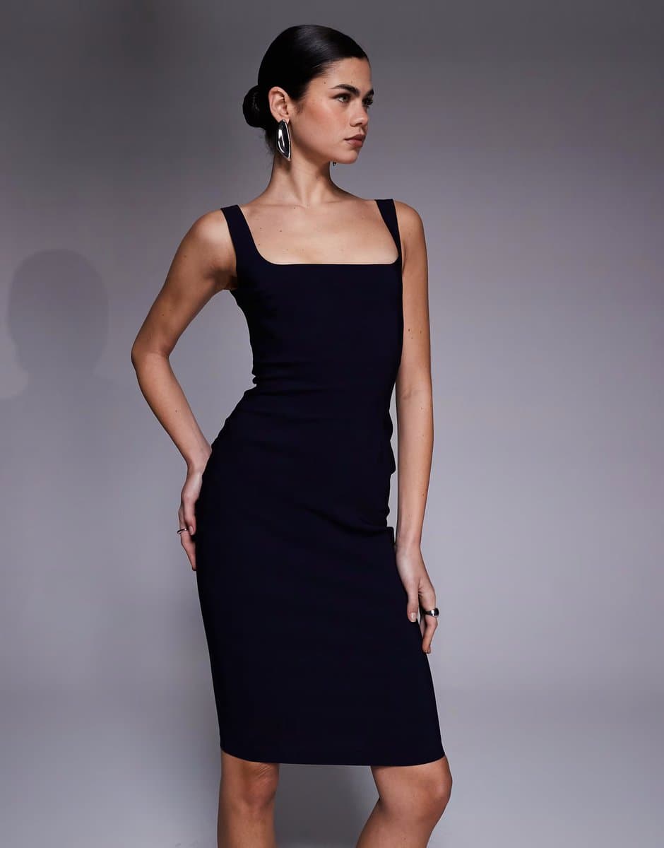 ASOS Vesper bengaline square neck bodycon midi dress in navy