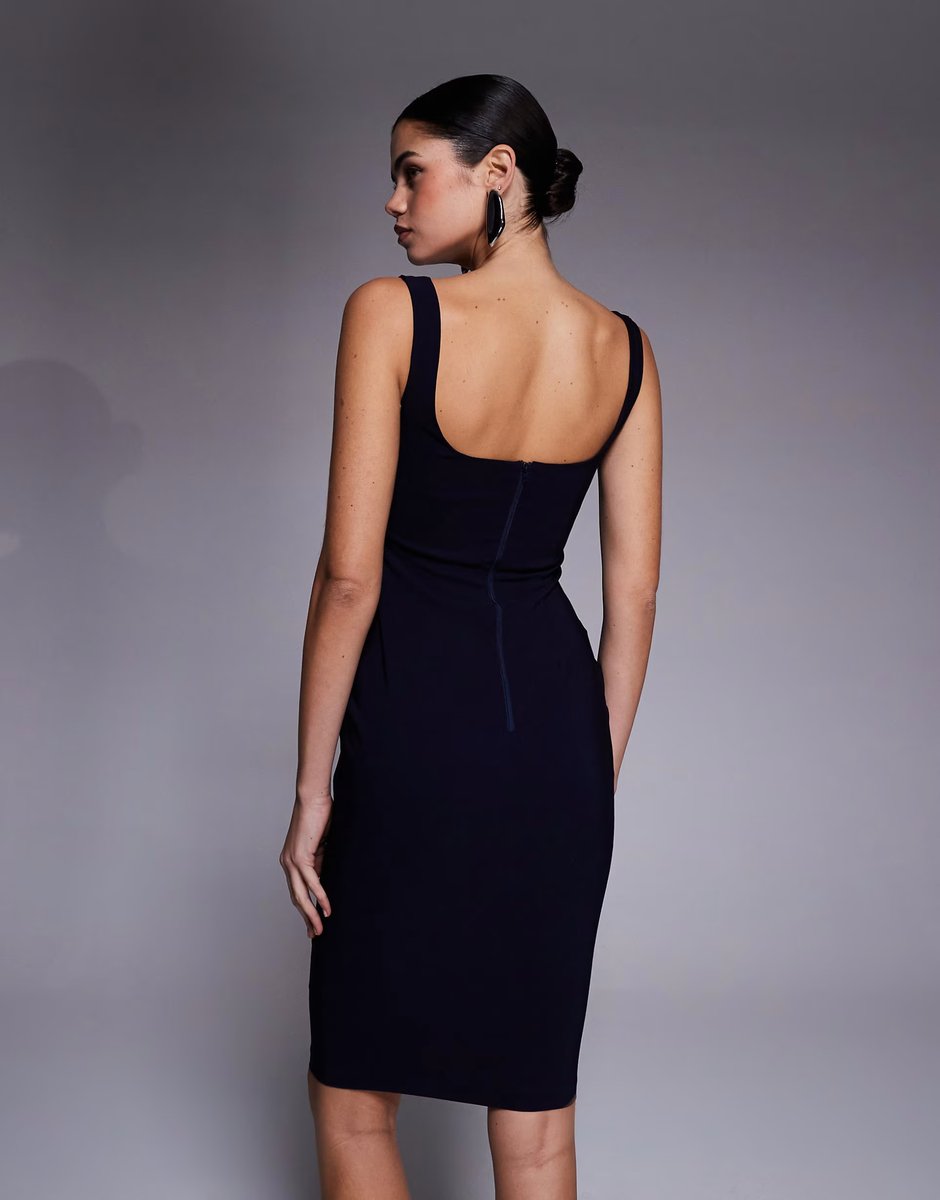 ASOS Vesper bengaline square neck bodycon midi dress in navy - 4